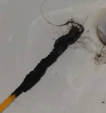 A FlexiSnake covered in hair after pulling it out from the drain