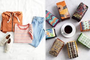 on the left a flatlay of jeans, a tee, a hoodie, and sneakers, on the right, a cup of black coffee surrounded by colorful bags of coffee beans