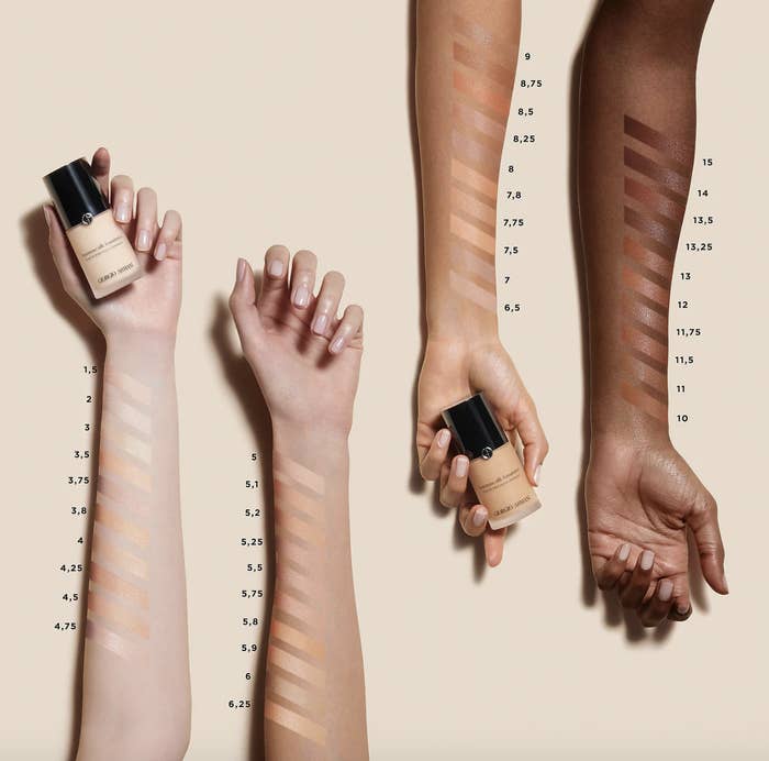 Foundation shades swatched across light, medium, tan, and deep skin tones