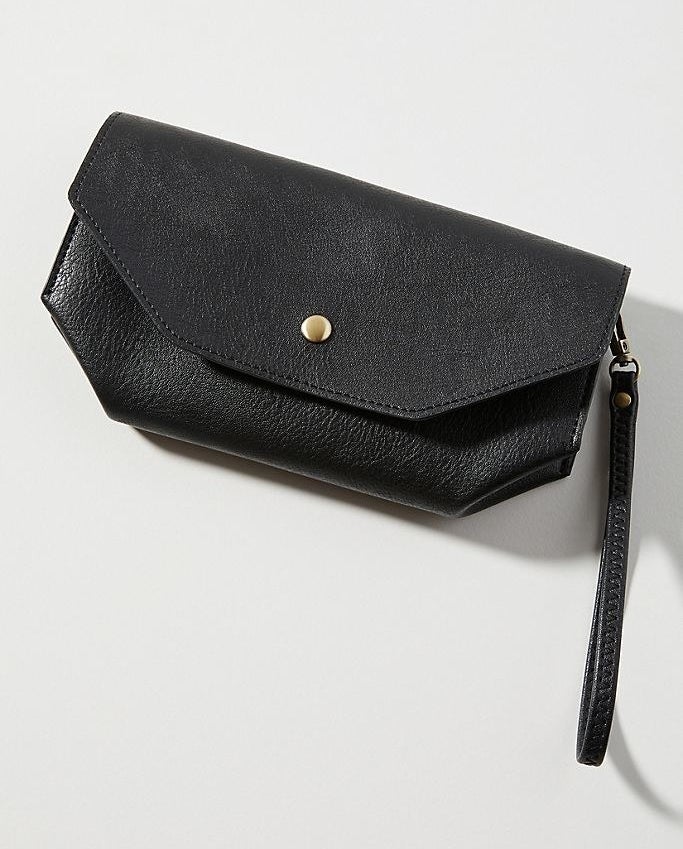 A black wallet with wrist strap on a white background