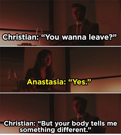 Anastasia saying she wants to leave and Christian saying her body tells him something else