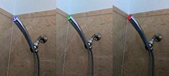 The same shower head showing different light colors from blue to green to red