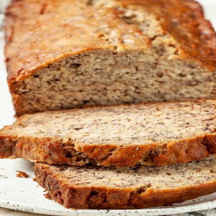 A sliced loaf of banana bread.