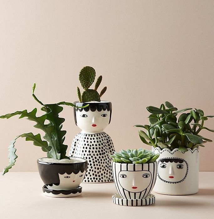 Four vases that look like people, each painted in black and white with red lips. All vases are filled with a different green plant.