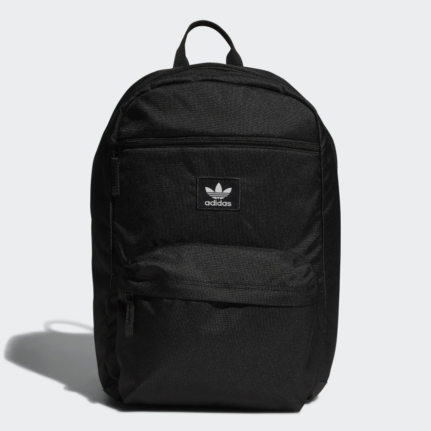Front view of all-black backpack with signature white Adidas logo on pouch