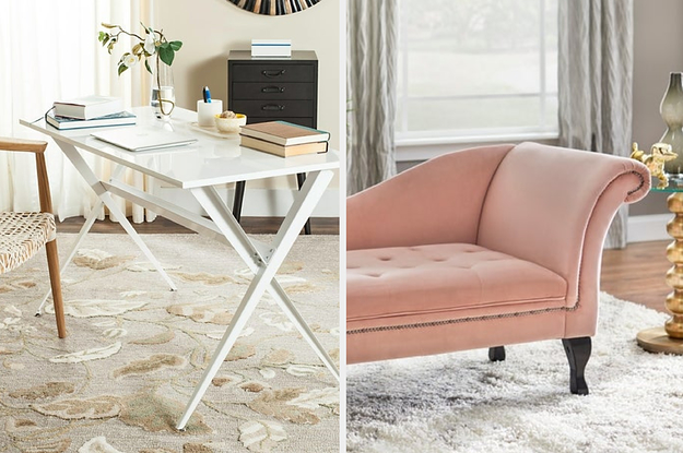 modern white desk without drawers, pink velvet chaise lounge chair with curved back and nailhead trim