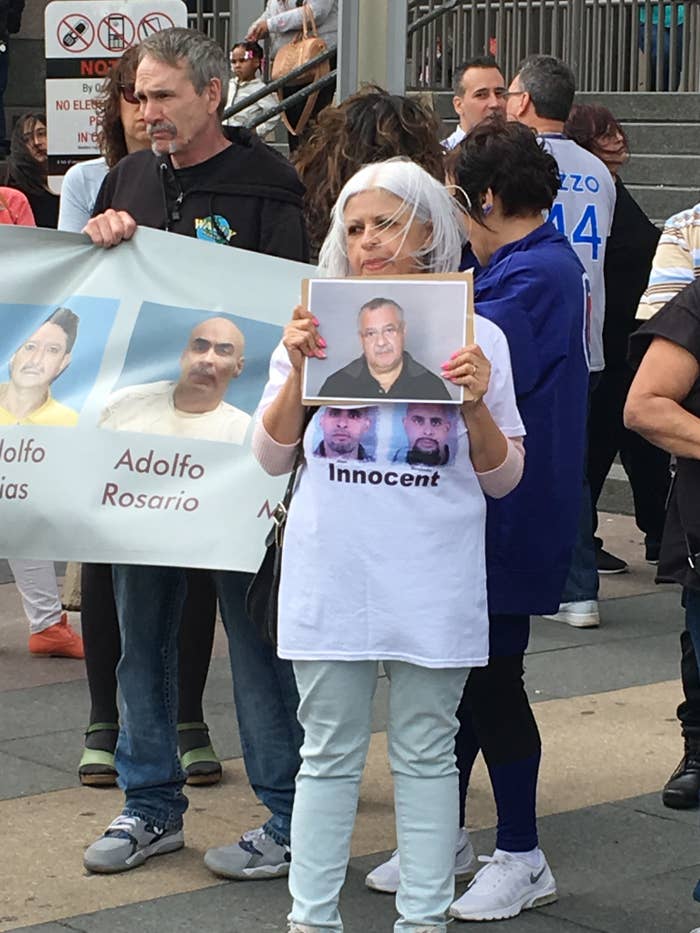 Esther Hernandez, the mother of a man who claims he was framed by Detective Guevara, protests outside the Cook County courthouse in 2018.