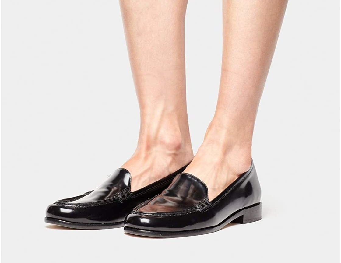 The legs of a model, against a white backdrop, wear the Tabitha Simmons &#x27;Blakie&#x27; round toe loafer.