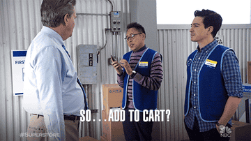 A gif of Mateo from the TV Show Superstore talking with Jonah and Glenn while holding his cellphone and saying, &quot;So...add to cart?&quot; 