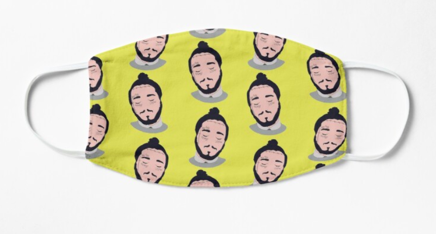 A yellow non-medical face mask with a recurring Post Malone pattern printed on it