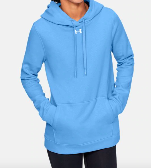 Model wearing a blue hoodie 