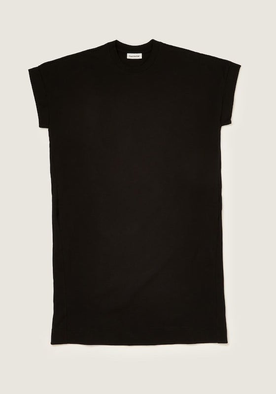 black T-shirt dress with a high round neck