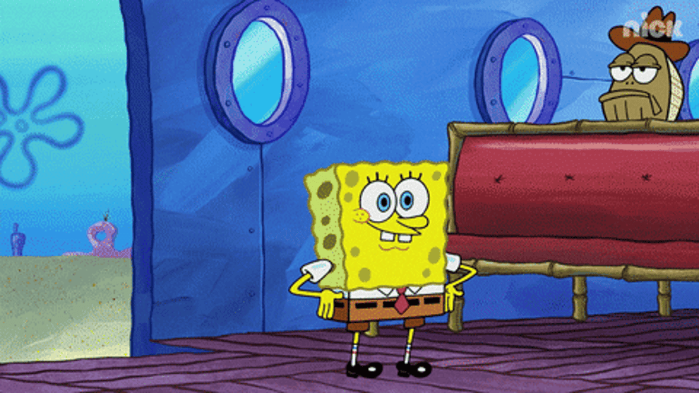 Gif of Spongebob jumping across the room to hug Squidward&#x27;s face 