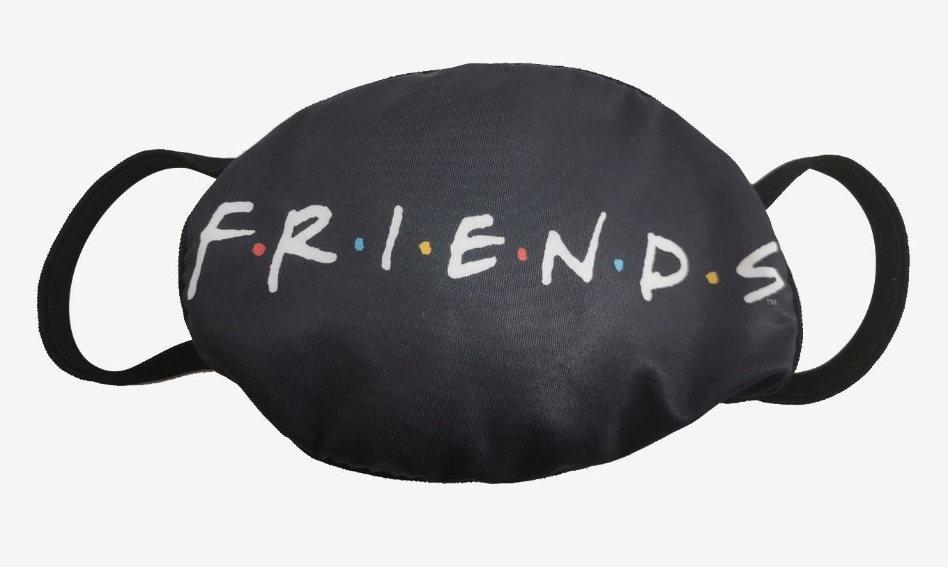 A black non-medical face mask with the Friends logo printed on it
