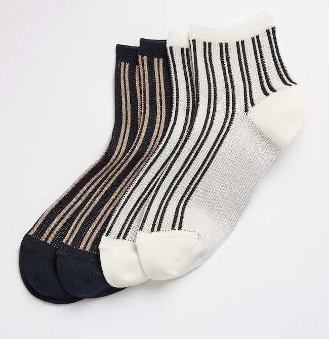 metallic ankle socks in black and tan and in black and white with small vertical stripes