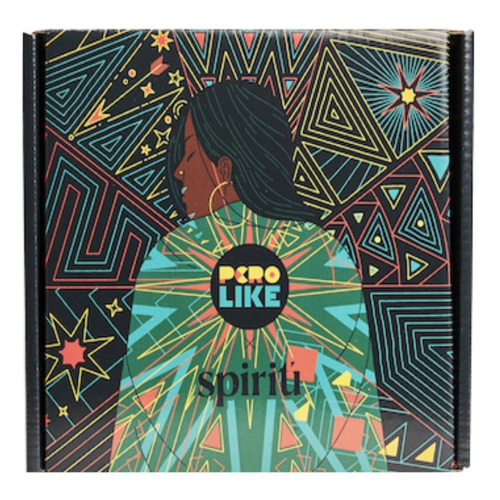 The packaging of the Pero Like Spiritu box, featuring colorful patterns 