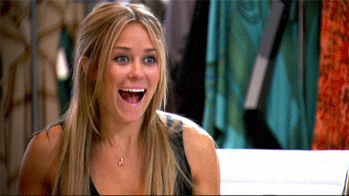 gif of Whitney Port and Lauren Conrad from the TV show "The Hills" silently screaming and shaking their hands in excitement