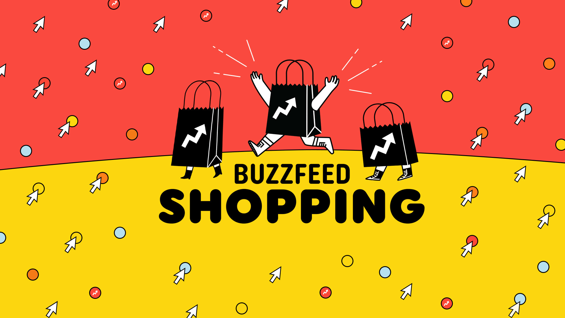 The words BuzzFeed Shopping with three illustrated shopping bags with arms and legs