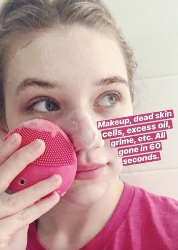  BuzzFeed Editor Maitland Quitmeyer cleanses her face with the tool with text 