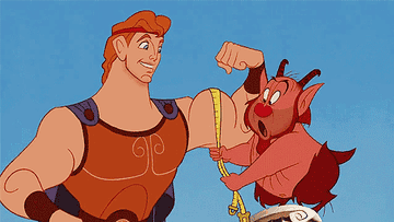a cartoon version of Hercules breaking a measuring tape a half-human, half-goat is holding with his bicep muscle