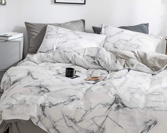 White and gray marble bedding