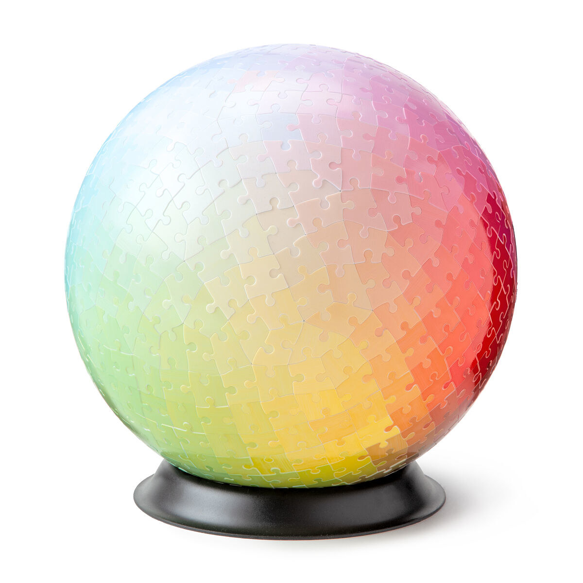 The completed spherical puzzle on the display stand