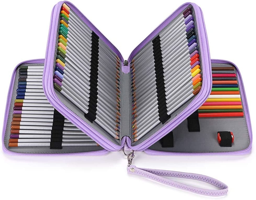open binder-like zippable pouch with two main compartments that each have elastic loops for coloring pencils or markers and other writing tools like a pencil sharpener
