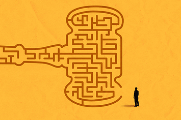 an illustration of man staring at a maze that looks like a judge's gavel