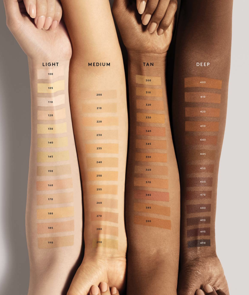 A row of arms of different skin tones showing swatches of all the foundation shades 