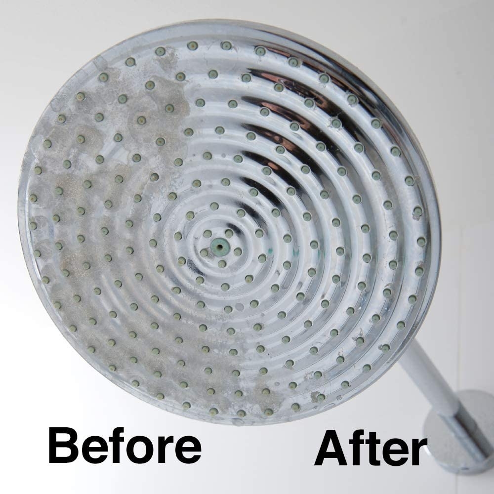 Before and after pic of a half-dirty and half-clean shower head