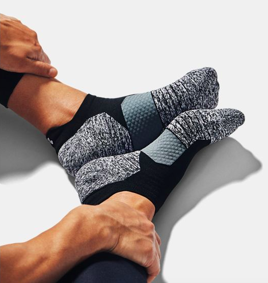 Under Armour cushioned no-show running socks in gray and black colorway
