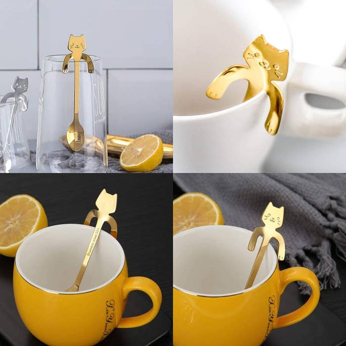 A series of four shots of mugs resting on tables with tiny cat spoons hanging over the side of them, resting on their metal paws 