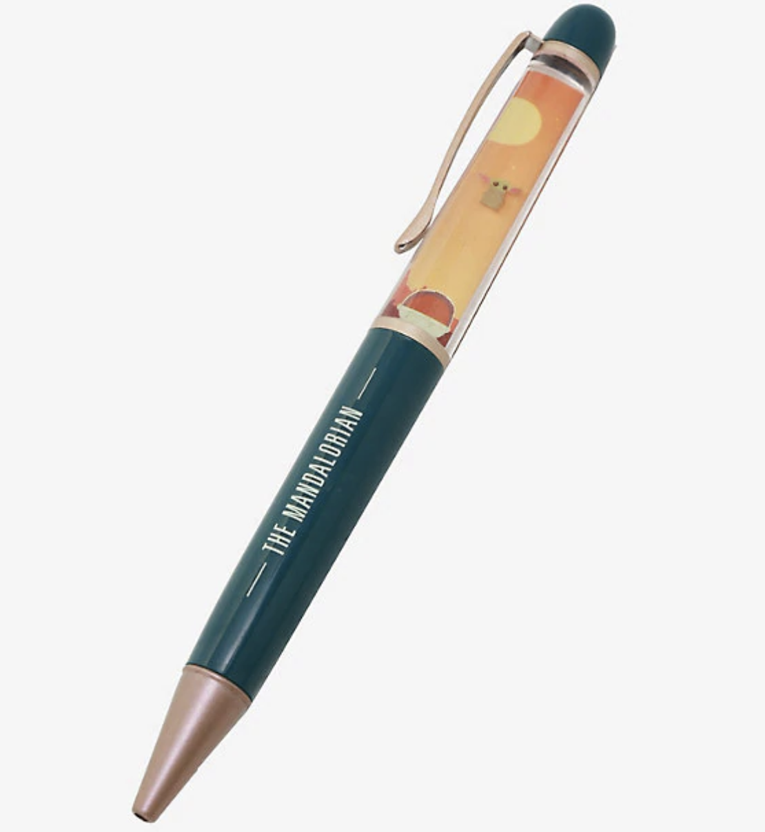 A retractable ballpoint pen that says &quot;The Mandalorian&quot; and has a section at the top filled with a little bit of liquid where a tiny Baby Yoda shaped figure floats around in the pen itself 