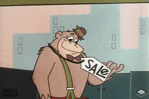 A gif of cartoon Magilla Gorilla holding up a sale and then cheep sign while looking at the camera.