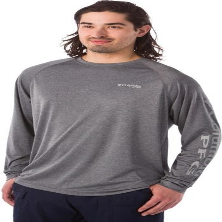 Long-sleeved heathered gray tee with Columbia logo on chest 