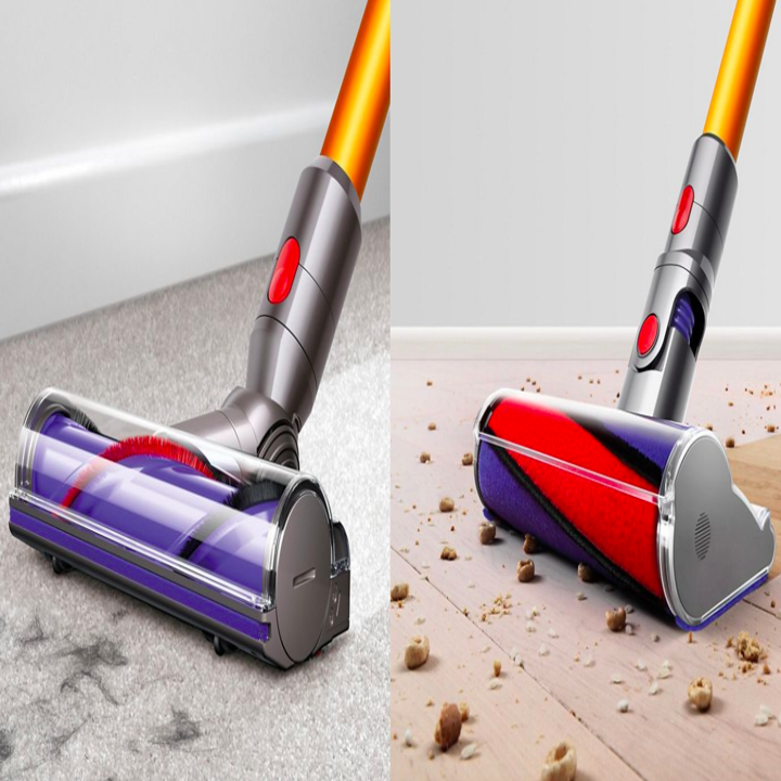 On left, an image of the V8 Absolute vacuum cleaner cleaning hair off a gray carpet. On right, an image of the V8 Absolute vacuum cleaner cleaning crumbs off a hardwood floor.