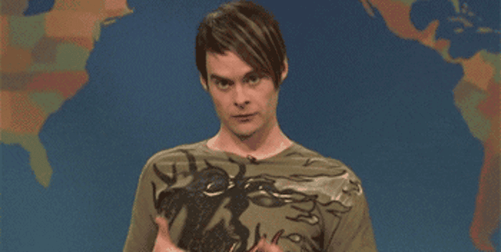 Bill Hader&#x27;s SNL character &#x27;Stefon&#x27; clasping both of his hands over his mouth in shock