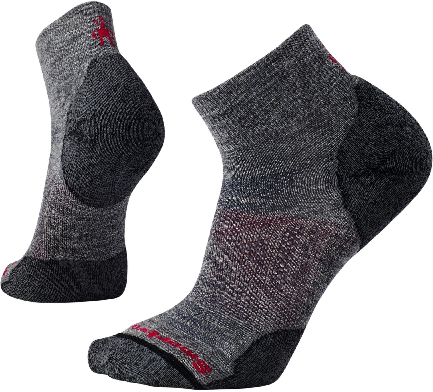 The Smartwool ankle socks in gray with a red logo print across the toes 
