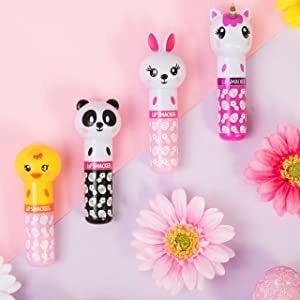 Four tubes just a bit taller than a ChapStick, each with a different cute, oversized animal face and body design on the cap. There's a duck, panda, bunny, and unicorn