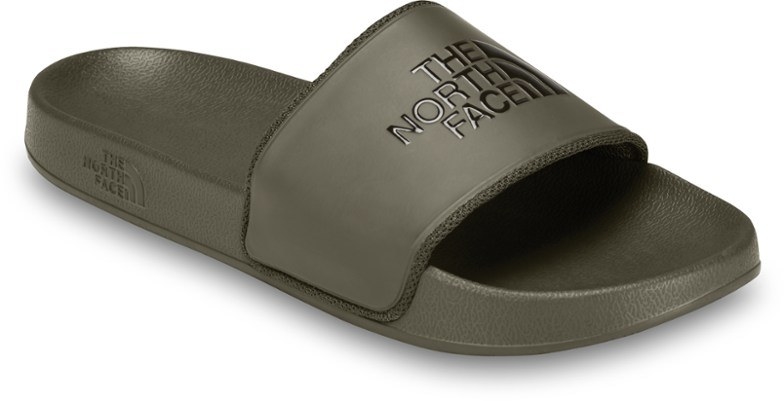Khaki green slides with North Face logo on cover