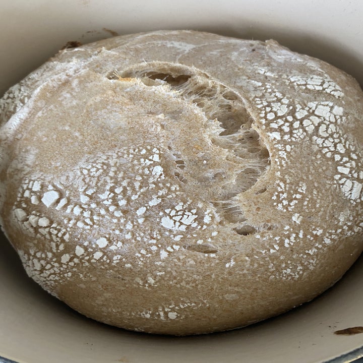 A look at the loaf of bread after it has baked for 20 minutes.