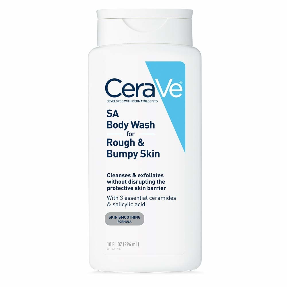 White plastic bottle with white cap labeled &quot;CeraVE SA body wash for rough &amp;amp; bumpy skin&quot; 