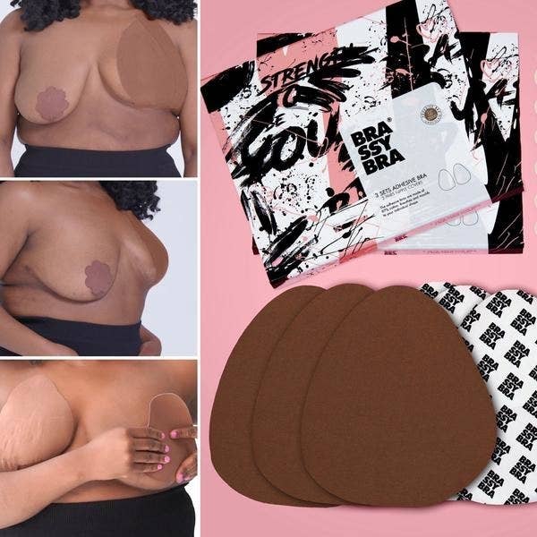 process shots of model placing boob tape over her breast to see how it lifts and covers in a way that'll be seamless under garments. Product shot of what's included in the kit