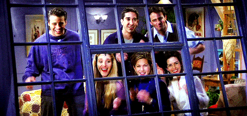 The cast of "Friends" clapping by Monica's window.