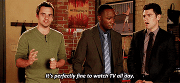 Nick from &quot;New Girl&quot; saying &quot;it&#x27;s perfectly fine to watch TV all day&quot;.