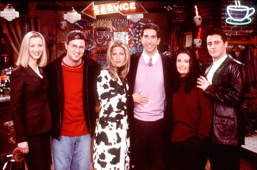 The cast of &quot;Friends&quot; pose for a picture while filming the first episode.