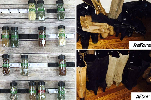 On the left, spice-gripping strips. On the right, a before and after photo of boot shapers helping boots stand upright