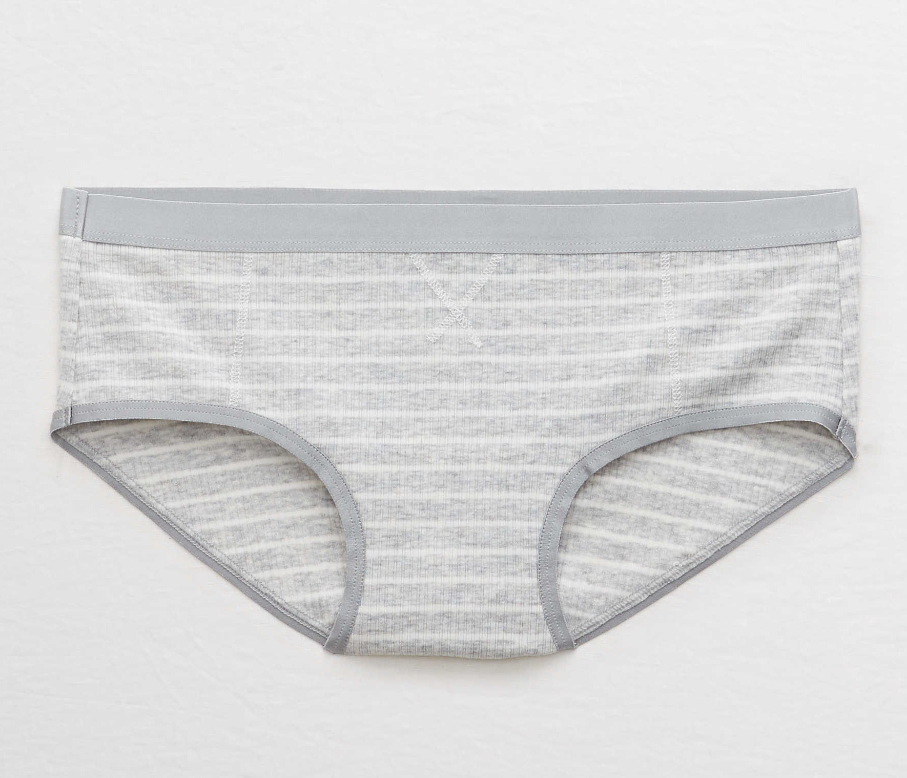 grey mid rise ribbed brief undies with white and grey horizontal stripes