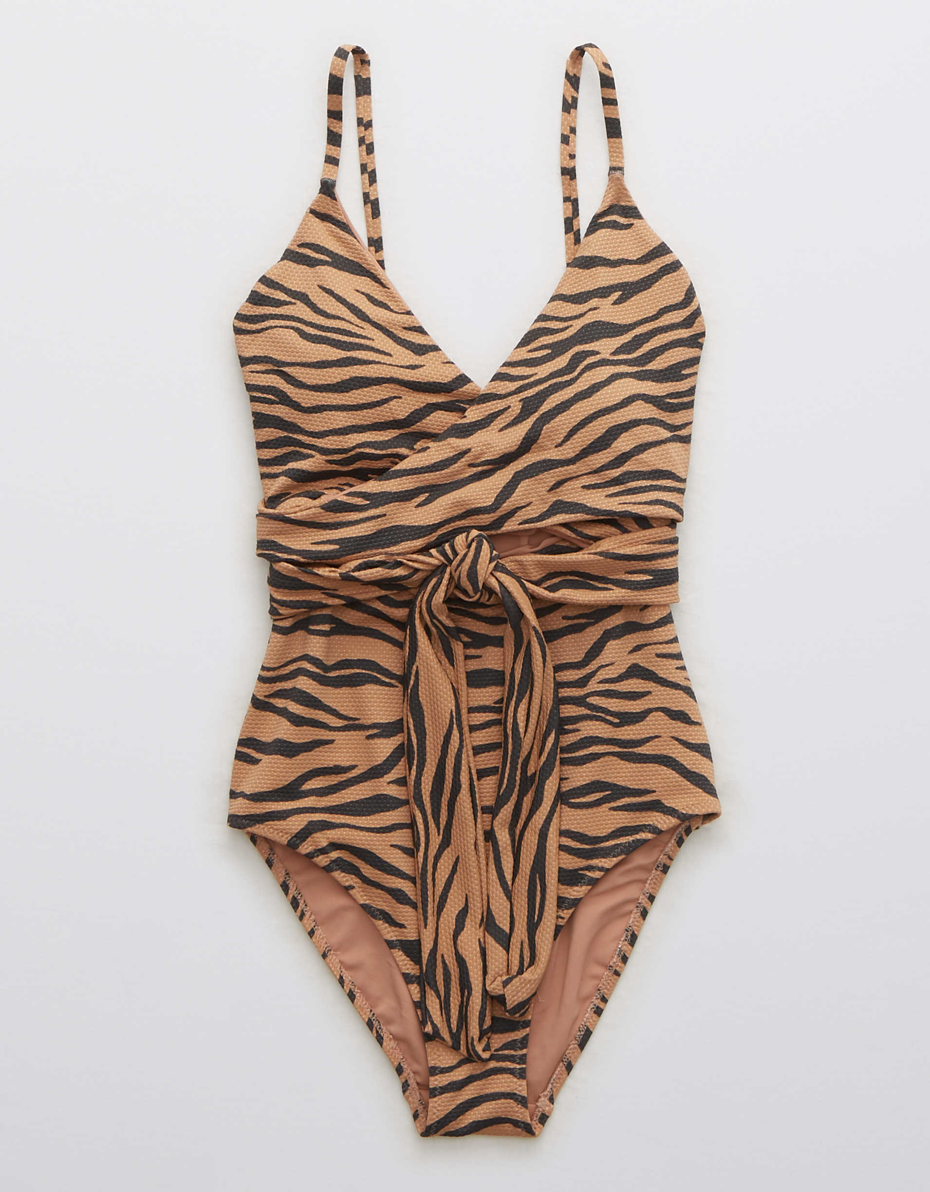 leopard print one-piece swimsuit with spaghetti straps, high cut legs, and a tie around the waist