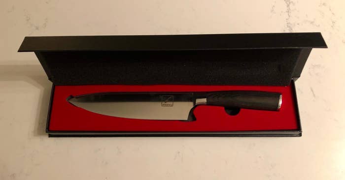 An Imarku 8-inch knife displayed in its packaging 